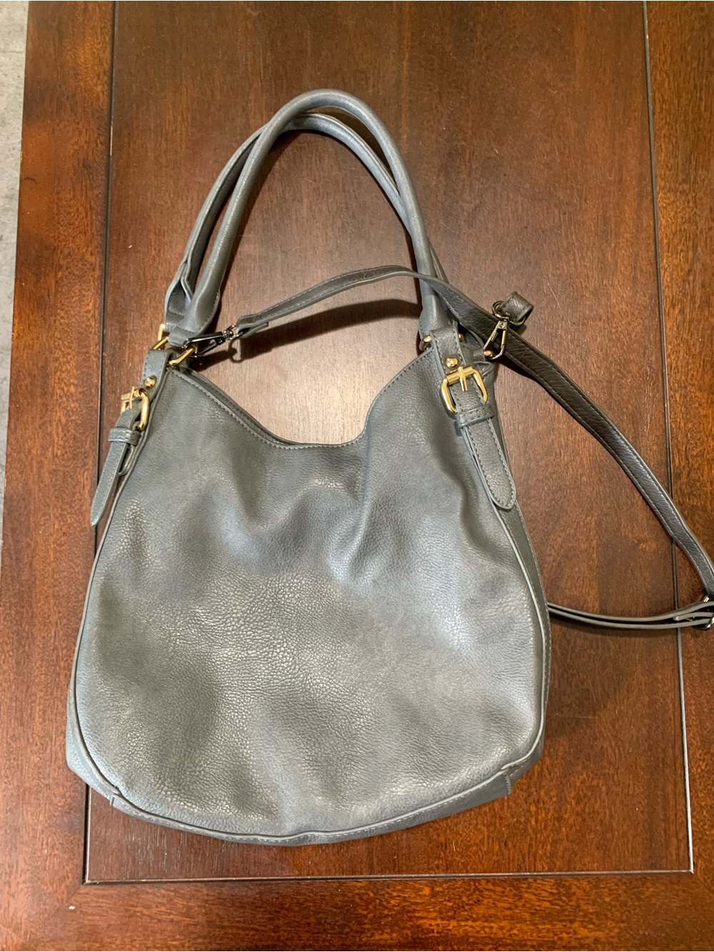 Classic Gray Leather Shoulder Hobo Bag with Gold Hardware